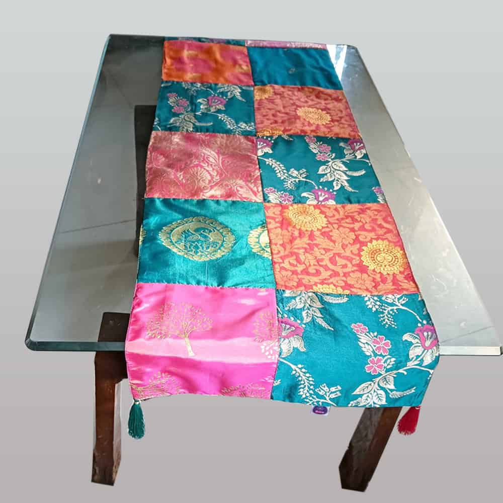 green Orange & pink patch work table runner