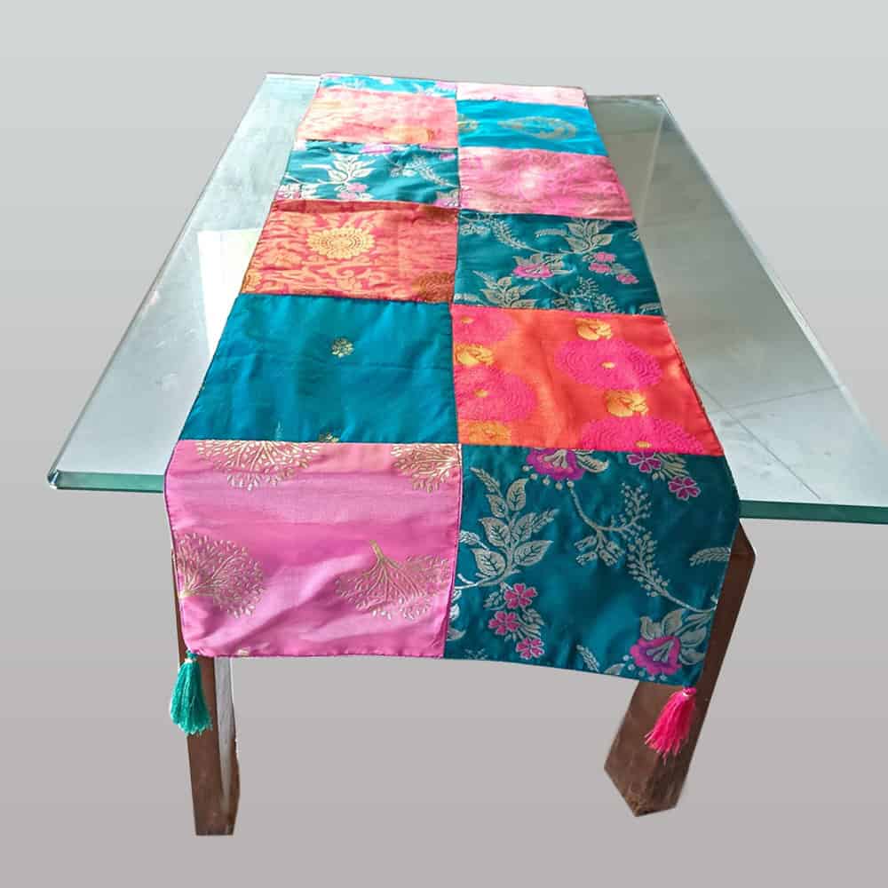green Orange & pink patch work table runner